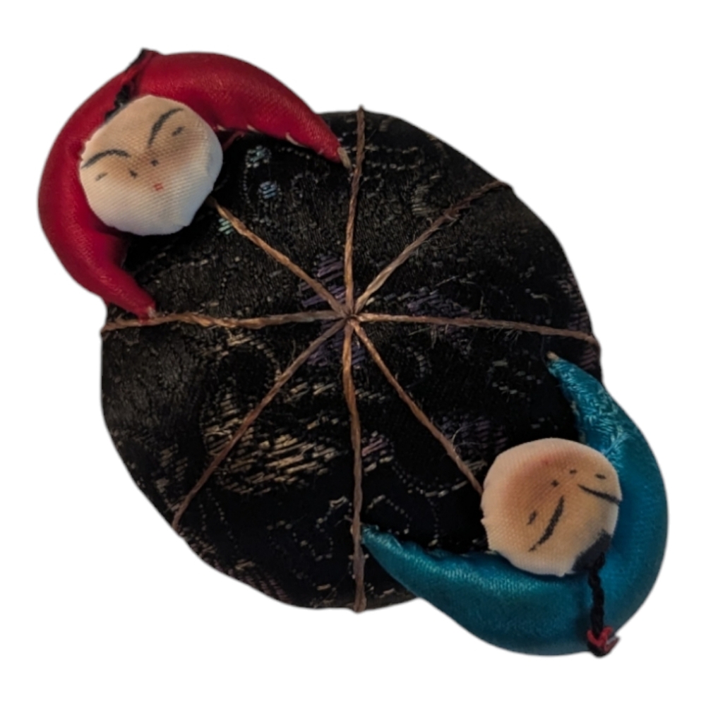 Rare Vintage Silk Chinese Asian Sewing Pin Cushion With 2 Children